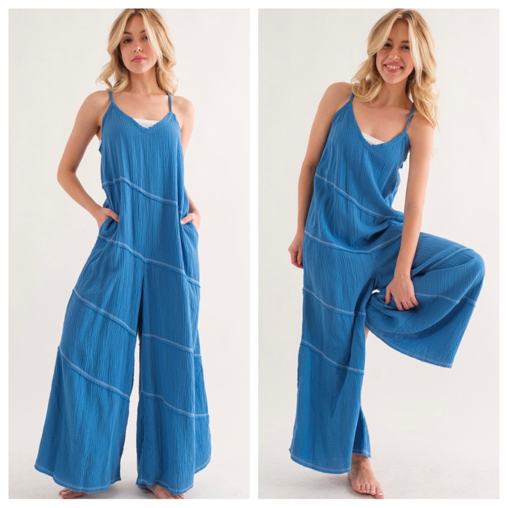 72 Boho Spaghetti Straps Contrast Stitch Jumpsuit - Picture 4 of 4